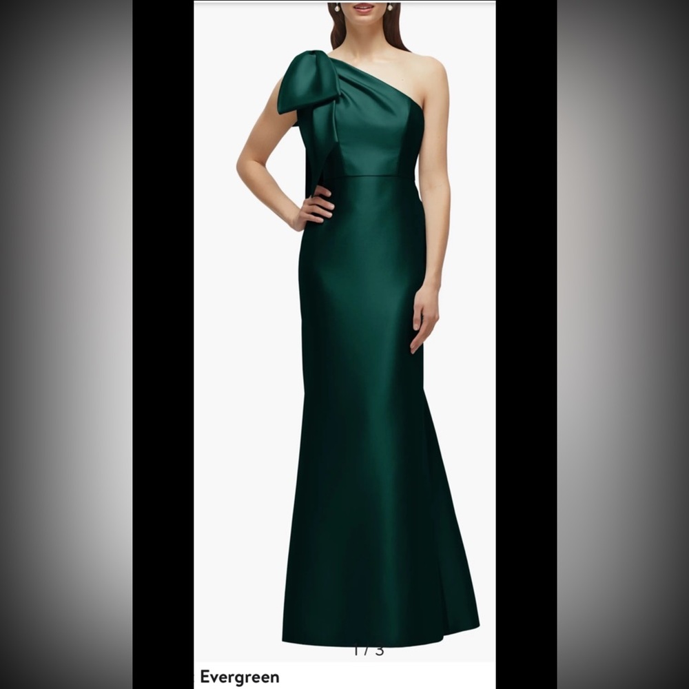 Alfred Sung Bow One-Shoulder Satin Twill Mermaid Gown,evergreen,sz 6, New - Picture 2 of 8